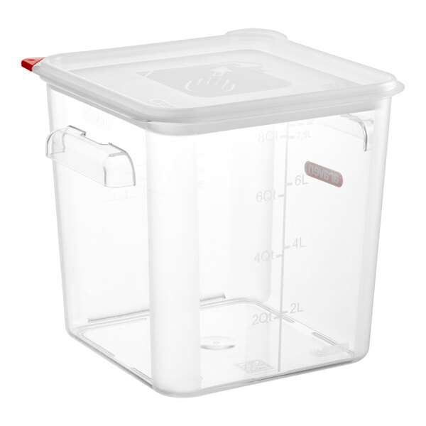 An Araven clear square polycarbonate food storage container with a red airtight lid.