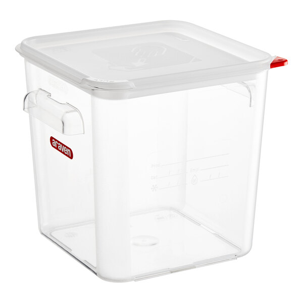 An Araven clear square polycarbonate food storage container with a red airtight lid.