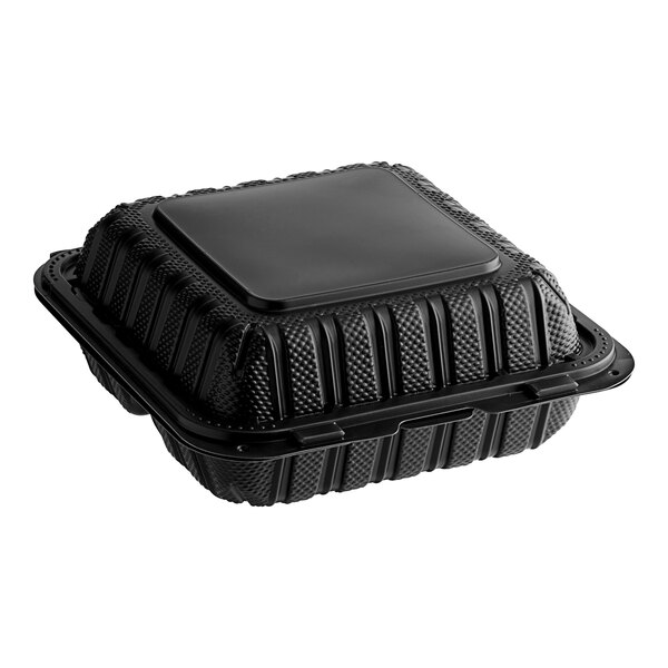 A black plastic Choice hinged take-out container with 3 compartments.