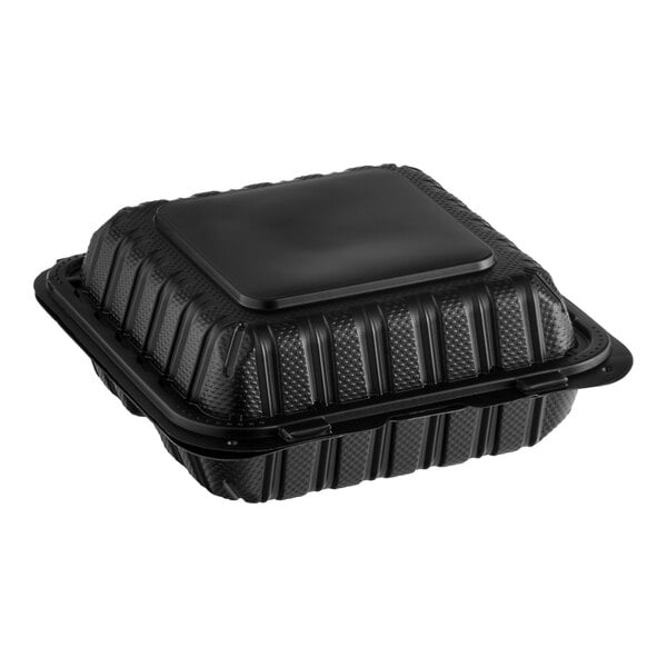 Choice 8" x 8" 3-Compartment Microwaveable Black Mineral-Filled Plastic Hinged Take-Out Container - 150/Case