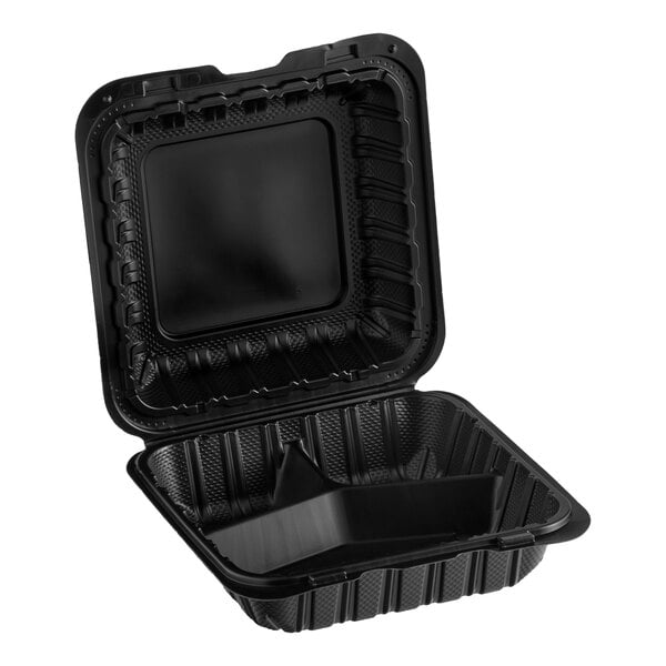 Choice 8" x 8" 3-Compartment Microwaveable Black Mineral-Filled Plastic Hinged Take-Out Container - 150/Case