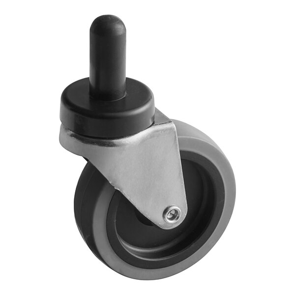 A Lavex caster wheel for a dolly with a black rubber tire and a metal wheel.