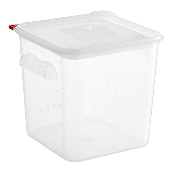 A clear Araven square plastic food storage container with a red lid.
