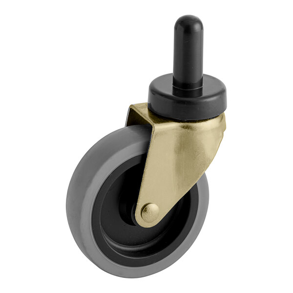 A Lavex caster wheel with a black and grey rubber tire and brass hardware.