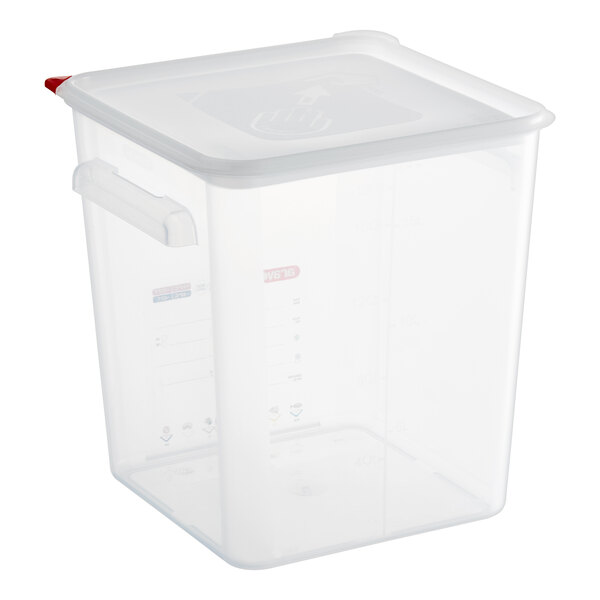 A clear Araven translucent square plastic food storage container with a red lid.