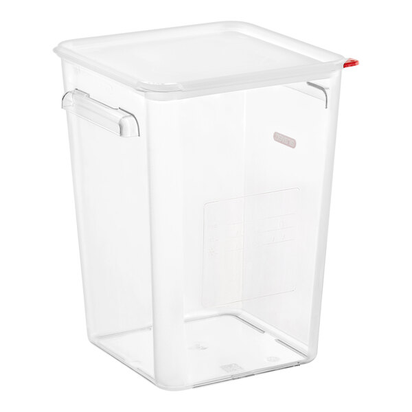 A clear plastic Araven food storage container with a red lid.