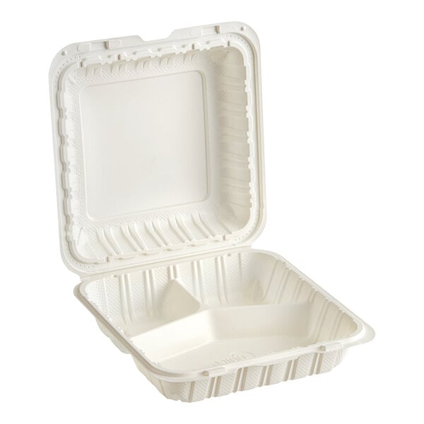 A white plastic Choice hinged take-out container with 3 compartments.