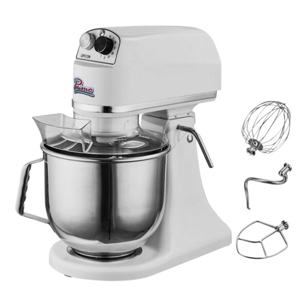 A white Primo PM-7 countertop mixer with a bowl and wire whisk.
