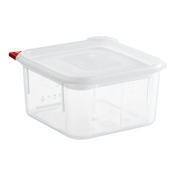 An Araven translucent square plastic food storage container with a red lid.