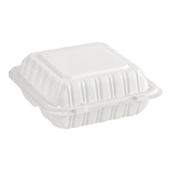 Choice 8" x 8" 3-Compartment Microwaveable White Mineral-Filled Plastic Hinged Take-Out Container - 150/Case