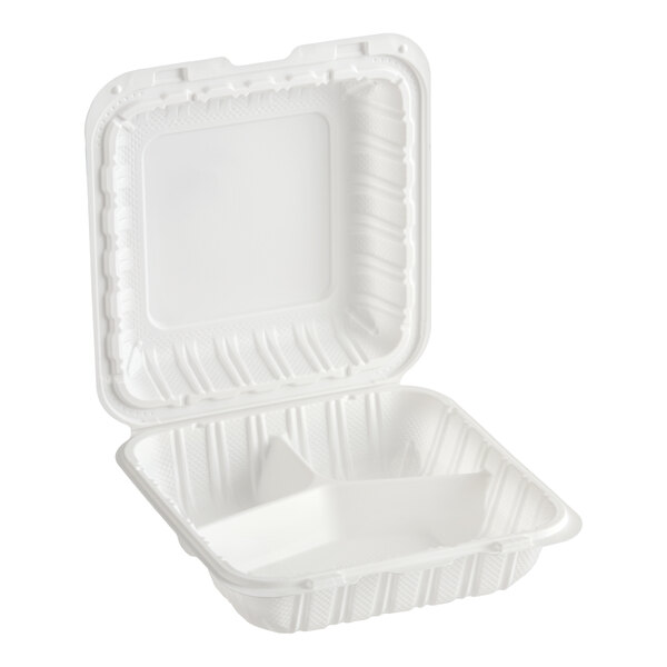 Choice 8" x 8" 3-Compartment Microwaveable White Mineral-Filled Plastic Hinged Take-Out Container - 150/Case