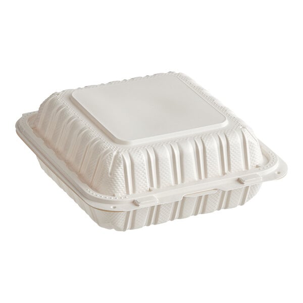 A white Choice square plastic take-out container with a hinged lid.
