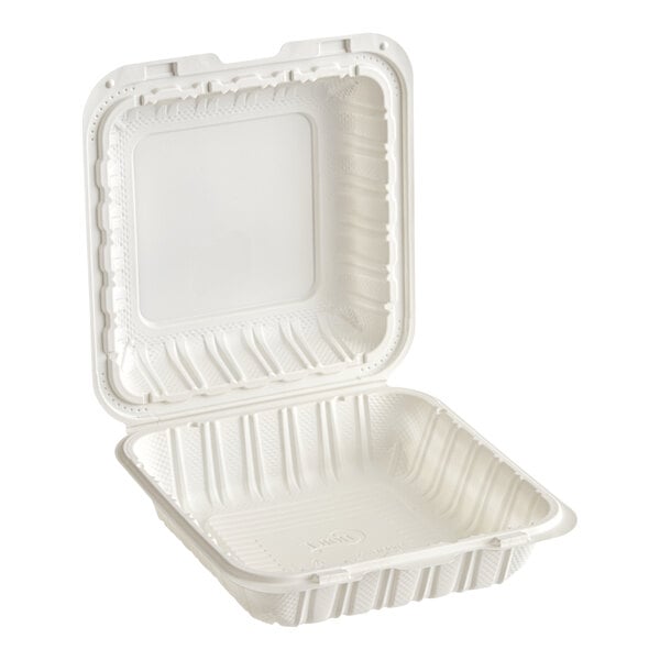 A white plastic Choice take-out container with a square white lid.