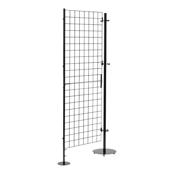 A black steel Grid & Go display panel with folding legs and wire mesh screen.