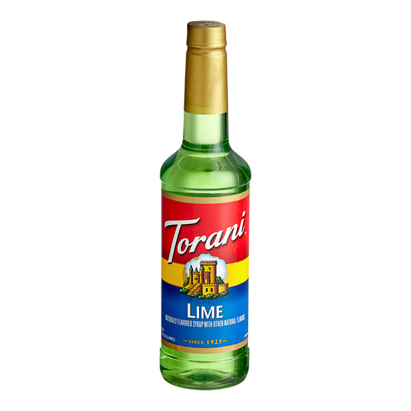 A close up of a Torani Lime Flavoring Syrup 750 mL plastic bottle with a yellow label.