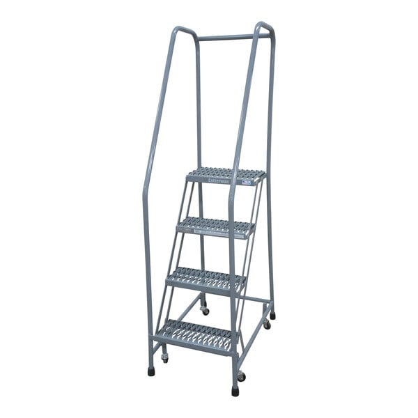 A gray powder-coated steel rolling ladder with four steps.