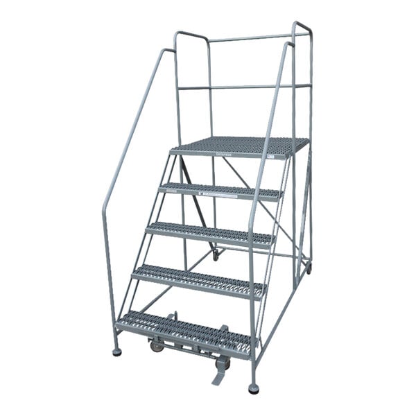 A gray powder-coated steel Cotterman rolling work platform with metal steps and wheels.