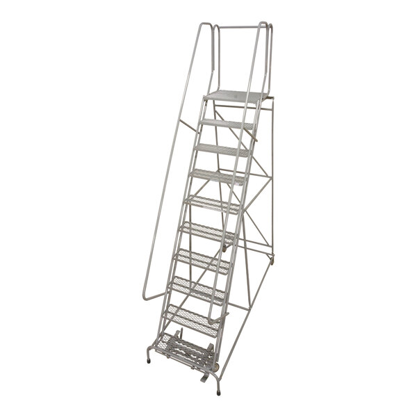 A gray powder-coated steel Cotterman rolling ladder with metal steps.