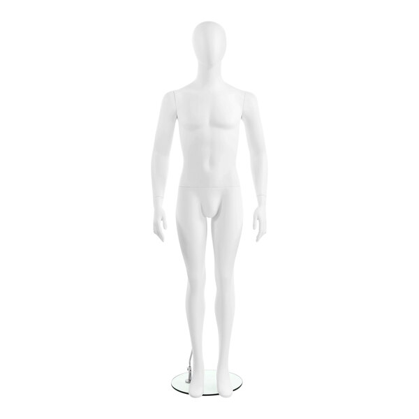 An Econoco Derek male oval head mannequin with arms at sides standing on a stand.