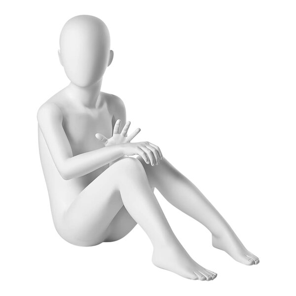 A white Econoco seated mannequin for 6-year-olds with hands on knees.