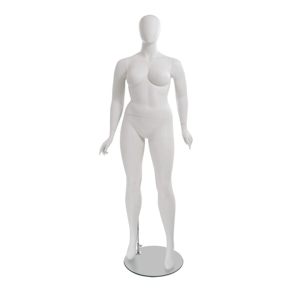 An Econoco Amber plus size female mannequin with left leg forward on a metal stand.