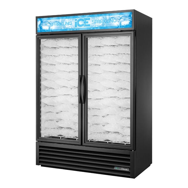 A black True glass door ice merchandiser with bags inside.