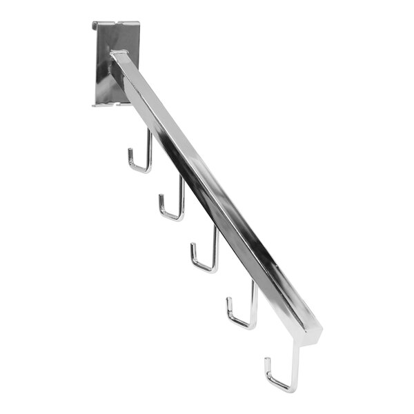 An 18" chrome steel waterfall hook with 5 J-hooks on a metal bar.