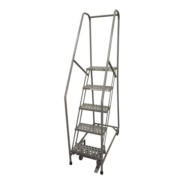 A gray powder-coated steel Cotterman rolling ladder with four steps on wheels.