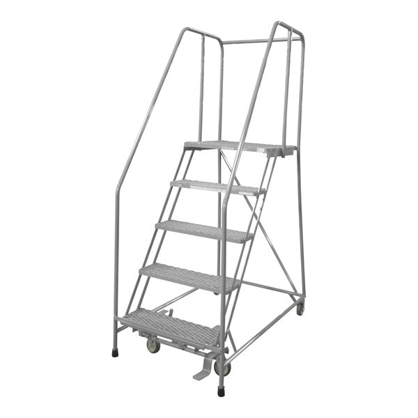 A gray powder-coated steel Cotterman rolling ladder with five steps and wheels.