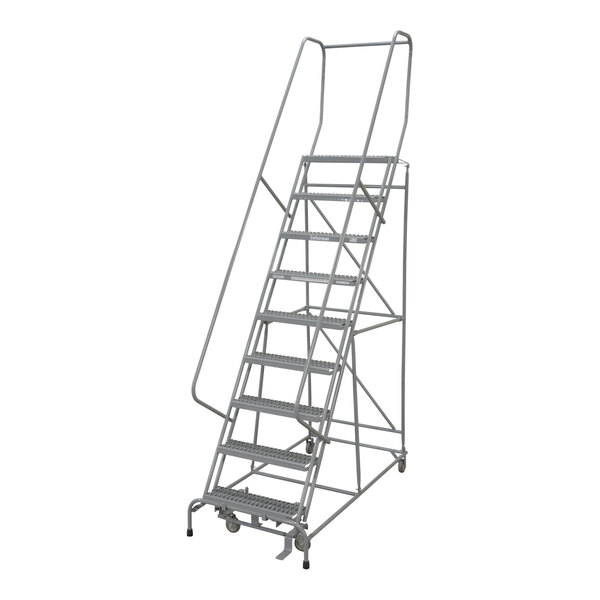 A gray powder-coated steel Cotterman rolling ladder with a handrail.
