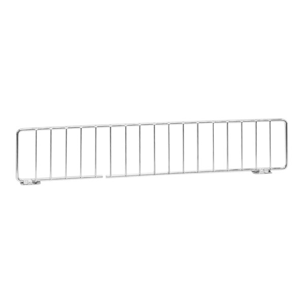 A chrome metal fencing divider with two bars for a gondola shelving unit.