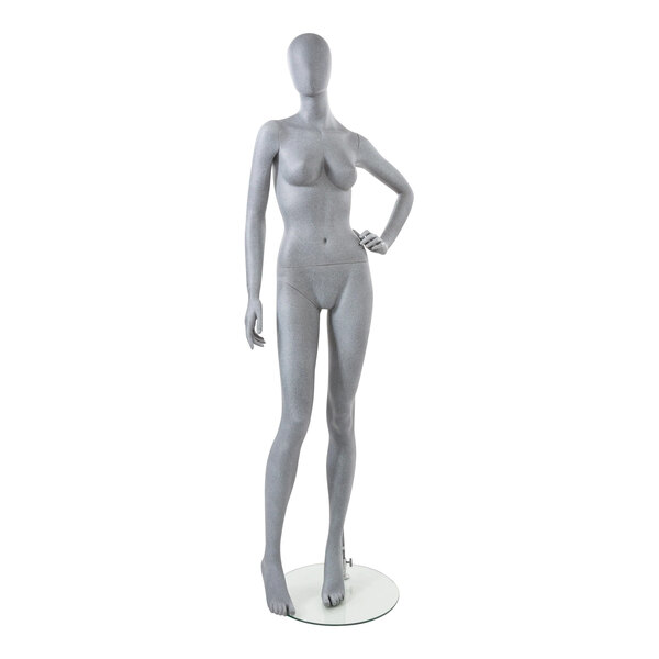 An Econoco female mannequin with a bent leg standing on a white base.