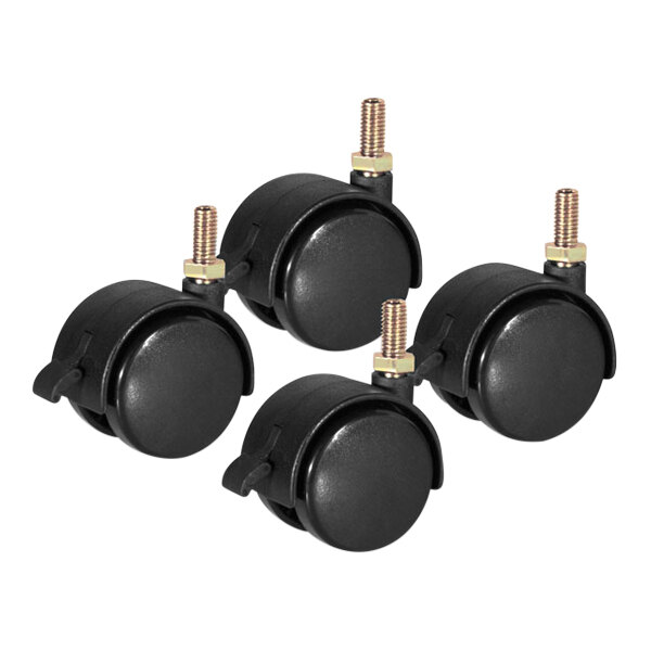 A set of four 2" swivel casters with black rubber wheels and metal pins.