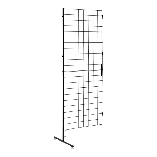 A black steel grid display panel on a stand.
