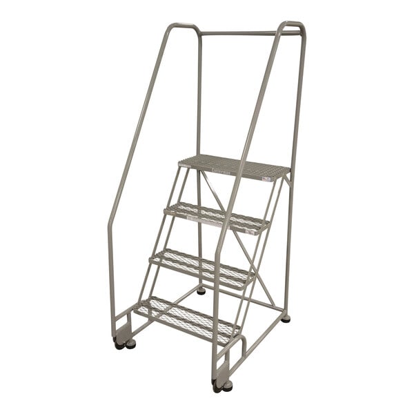 A gray powder-coated steel Cotterman rolling ladder with four steps and wheels.