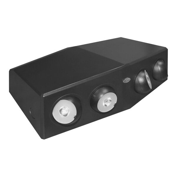 A black rectangular Lavex emergency light with three lights.