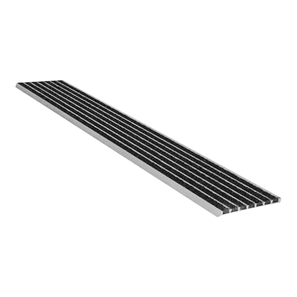 A black metal strip with black grit surface on the end.