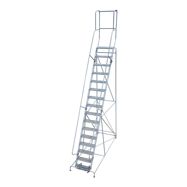 A gray metal Cotterman rolling ladder with 16 steps.