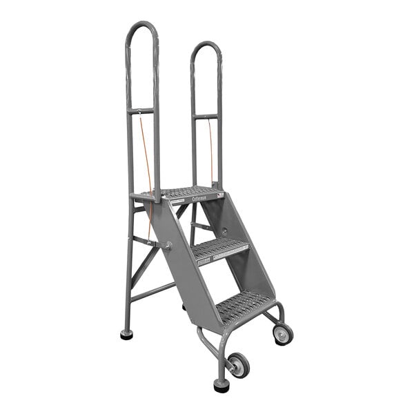 A grey Cotterman rolling ladder with three steps.