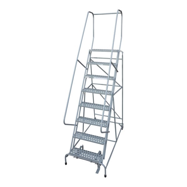 A gray powder-coated steel Cotterman rolling ladder with perforated tread and 8 steps.