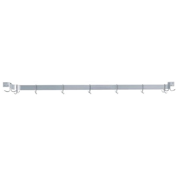 A long stainless steel metal bar with hooks on it.