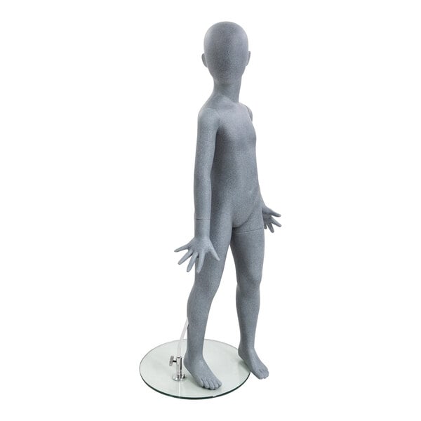 An Econoco slate gray mannequin standing on a glass stand.