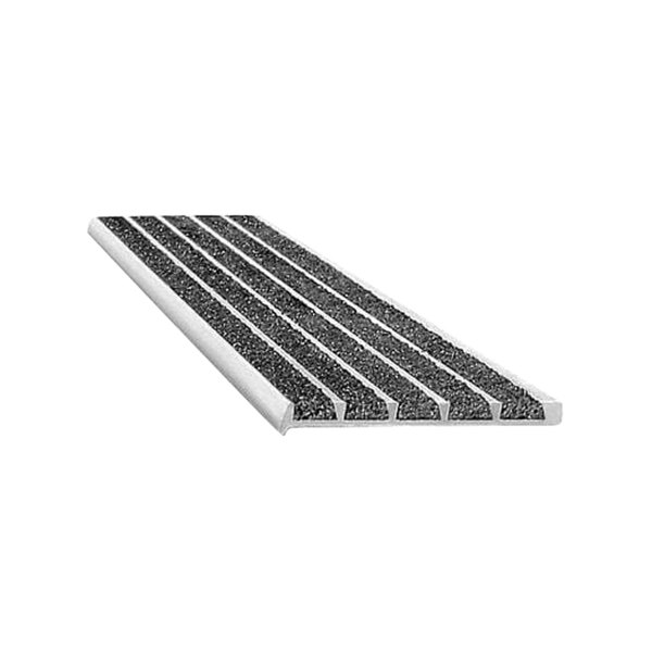 A close-up of a black stair tread with black grit surface.
