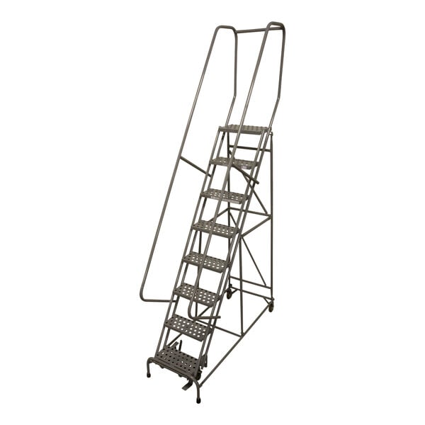 A gray powder-coated steel Cotterman rolling ladder with perforated steps.