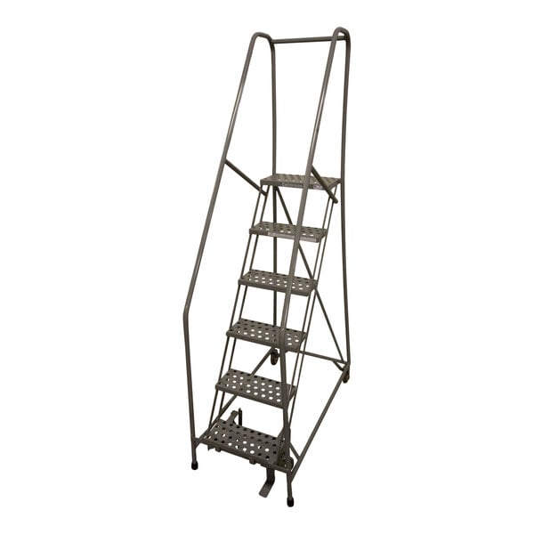 A gray powder-coated steel Cotterman rolling ladder with a handrail and perforated steps.