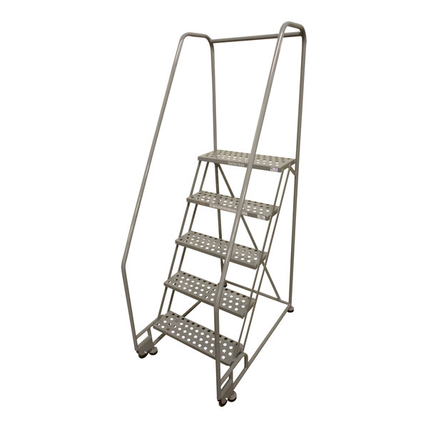 A gray powder-coated steel Cotterman rolling ladder with perforated steps and wheels.