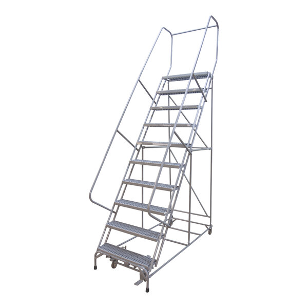 A gray metal Cotterman rolling ladder with metal steps.