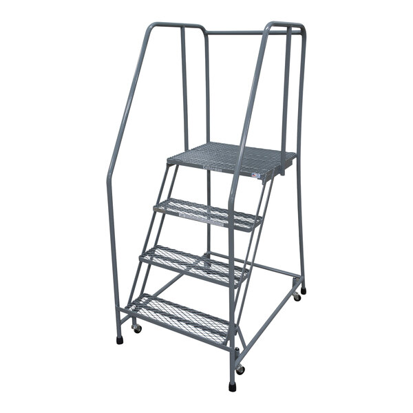 A gray powder-coated steel Cotterman rolling ladder with four steps and wheels.