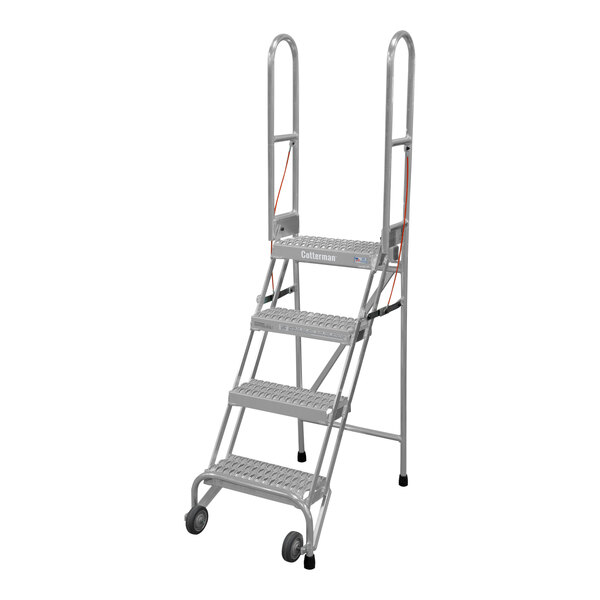 A gray Cotterman folding rolling ladder with four steps and wheels.