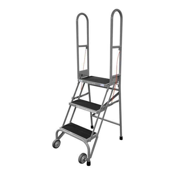 A gray Cotterman folding rolling ladder with two steps and wheels.